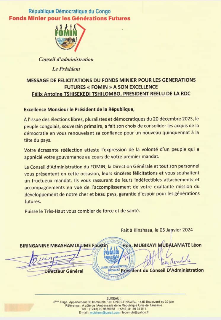 Message de félicitations du Fonds Miniers pour les générations futures "FOMIN" à son Excellence Félix Antoine Tshilombo Tshisekedi, Président réélu de la RDC