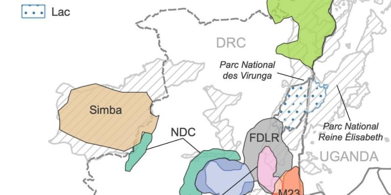 Répartition spéciales de quelques groupes armées et aires protégées dans la province du Nord-Kivu, RDC ©	Keng