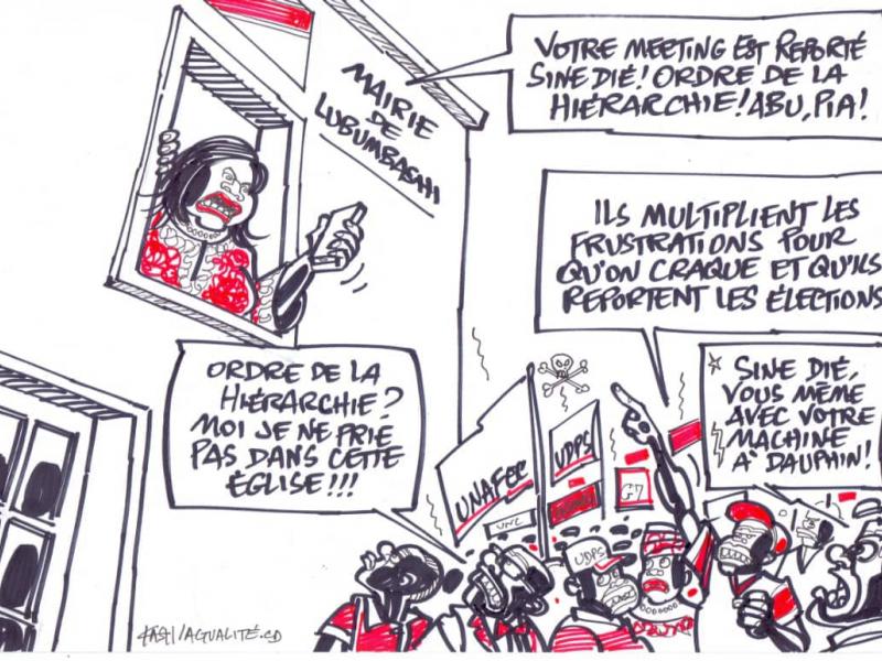 La mairie de Lubumbashi explique à l'opposition que son meeting est reporté sur ordre de la hiérarchie (caricature Kash/ACTUALITE.CD)