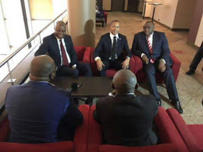 Jean-Pierre Bemba, Félix Tshisekedi, Vital Kamerhe, Moise Katumbi, Adolphe Muzito lors d'une réunion le 12/09/2018 à Bruxelles. Photo Albert Mukulubundu via Radio Okapi